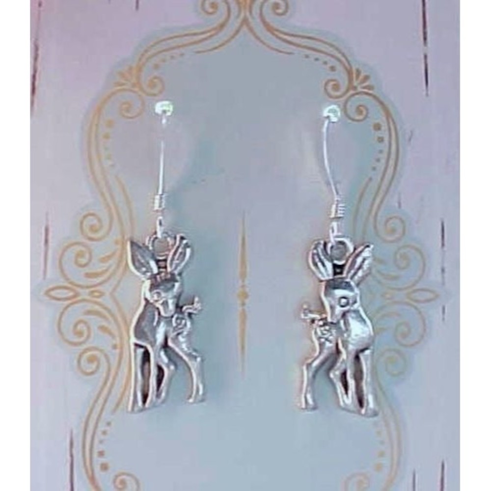 3 / $10 Small Spotted Bambi Fawn Deer Earrings Silver Charm Fall Autumn Handmade